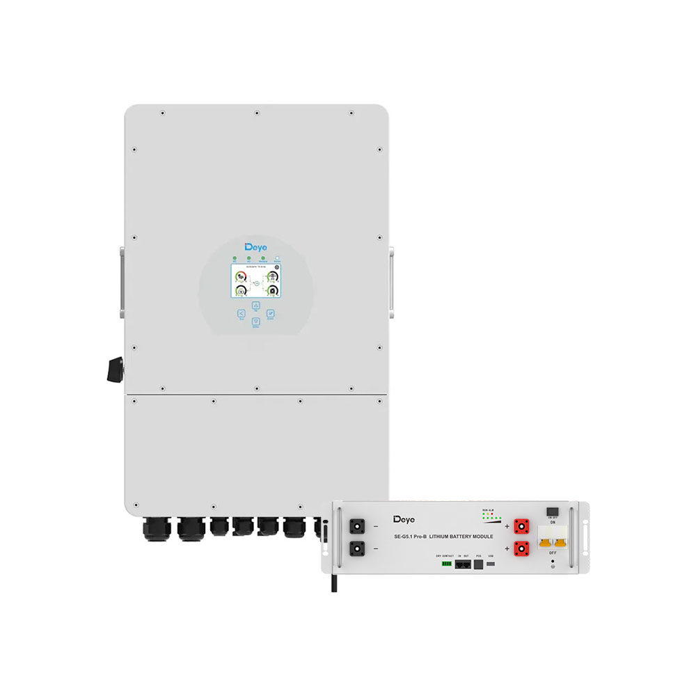 Deye 12kW driefasige hybride omvormer en 5.12kWh batterij kit