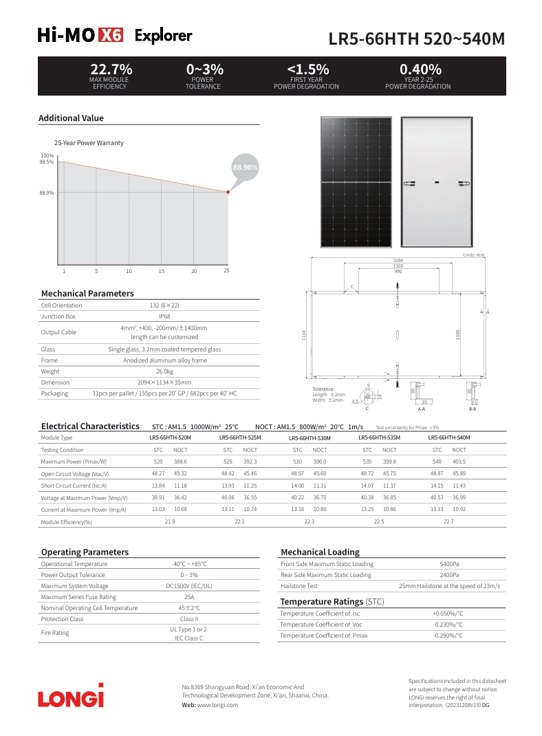 Longi Solar LR5-66HTH-530M - Modulo Fotovoltaico 530W - Pallet 31 Pezzi - immagine 3